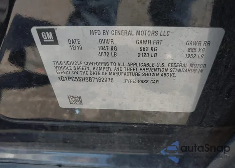 2011 Chevrolet Cruze Ls z USA, uszkodzony, nr VIN 1G1PC5SH9B7162976